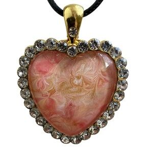 Handmade Heart Pendant Necklace Pink Gold Fluid Art Rhinestone Halo 20” Cord